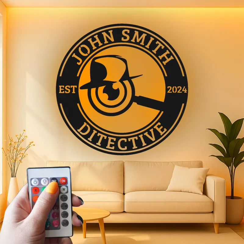 Cartel de metal LED de placa de detective, regalo único para amantes del misterio, decoración de oficina o estudio