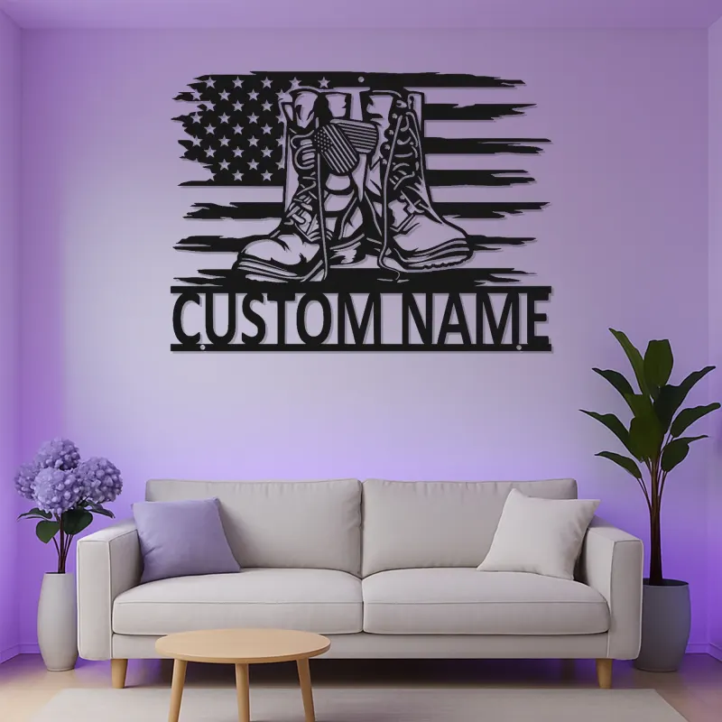Insegna in Metallo LED con Stivali Militari e Medaglie | Arte da Parete Personalizzata | Regalo per Veterani | Decorazione Patriottica per la Casa