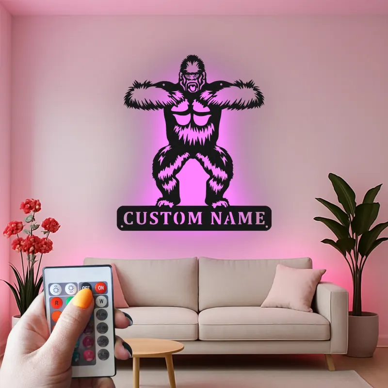 Personalisiertes Gorilla-Metallschild | Individuelle LED-Wandkunst | Man Cave Dekor & Geschenk für Tierliebhaber | Gym Namensschild