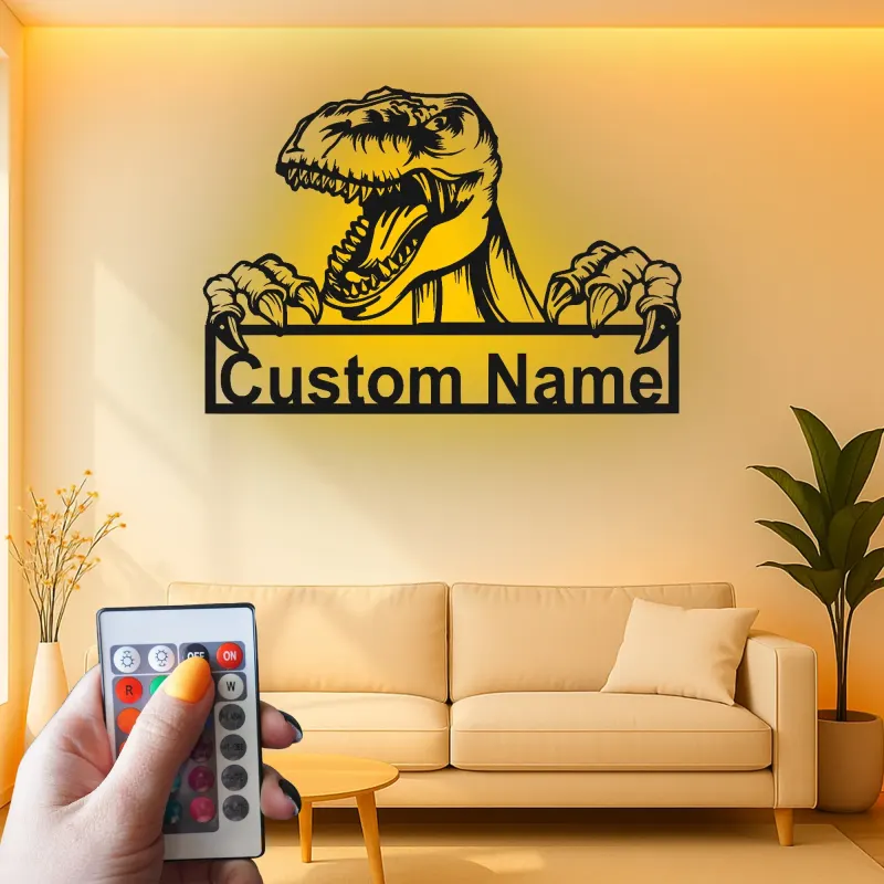 Custom T-Rex Led Light Metal Wall Art Personalized Dinosaur Gift for Kids Unique Bedroom Decor