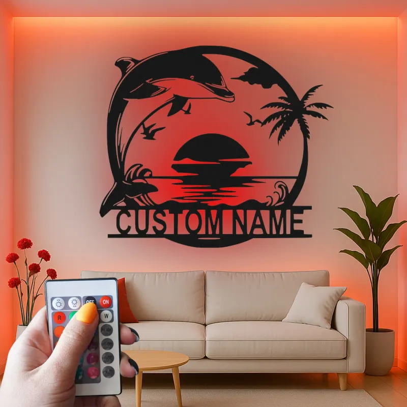 Cartel de metal personalizado con delfines al atardecer y luz LED, regalo para amantes de la playa, decoración costera para el salón
