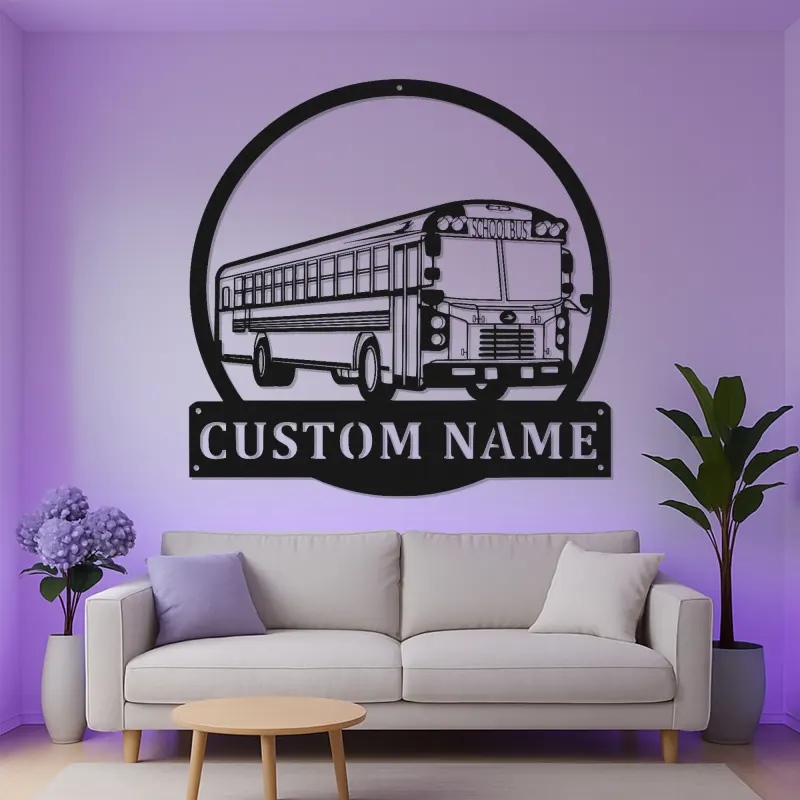 Cartel de metal LED personalizado de autobús escolar | Regalo personalizado para conductor de autobús | Decoración mural retro de transporte | Decoración de garaje iluminada