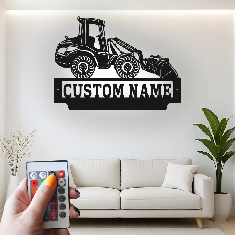 Cartel de metal personalizado de tractor | Decoración mural LED personalizada de cargadora frontal | Regalo para trabajador de la construcción para el garaje | Decoración de maquinaria pesada