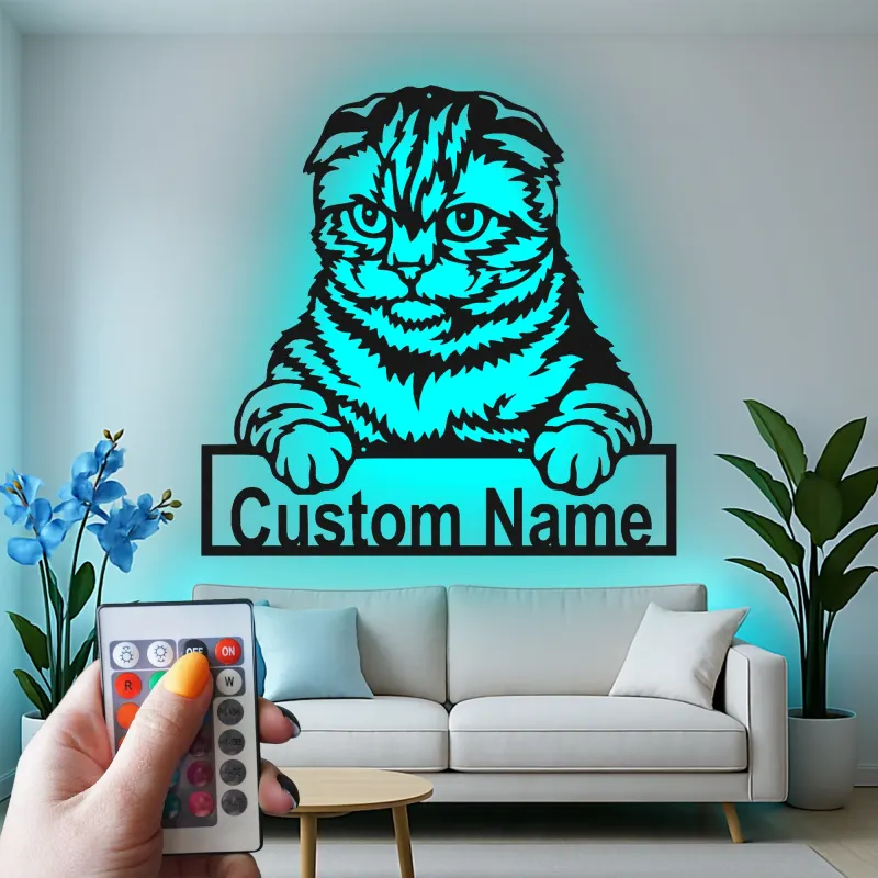 Personalisierte Scottish Fold Katze LED-beleuchtete Metall-Wandkunst Geschenk für Katzenliebhaber
