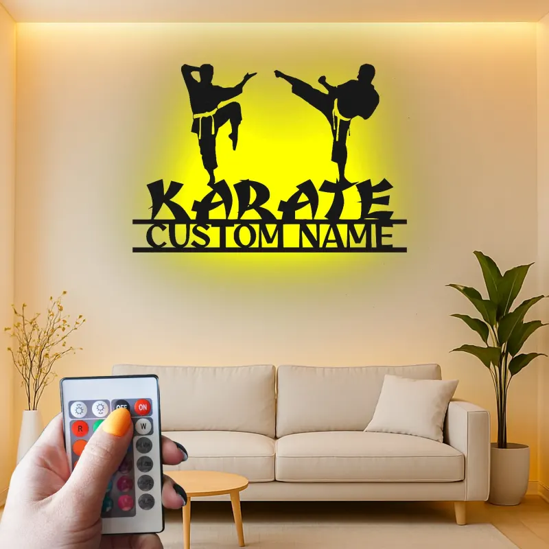 Insegna LED personalizzata per Karate | Arte in metallo personalizzata | Decorazione per dojo di arti marziali | Regalo silhouette per combattenti