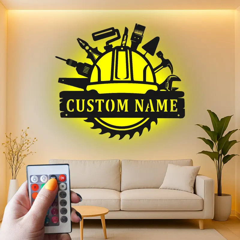 Cartel de metal personalizado con luz LED de herramientas de construcción, regalo personalizado para la decoración de talleres o garajes