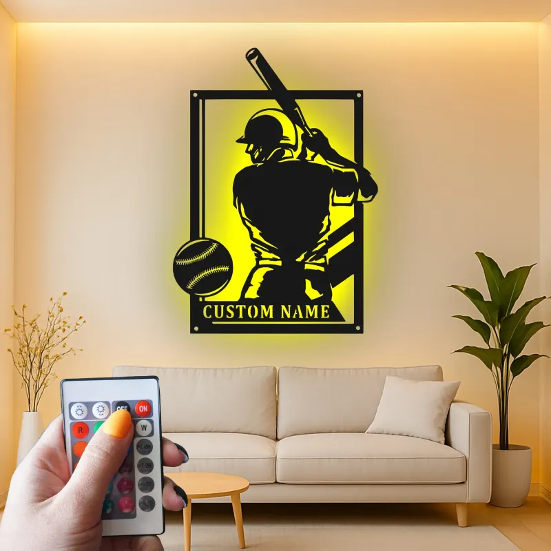 Custom Baseball Player Led Light Metal Wall Art Personalized Sports Gift for Athletes Game Room Decor 1