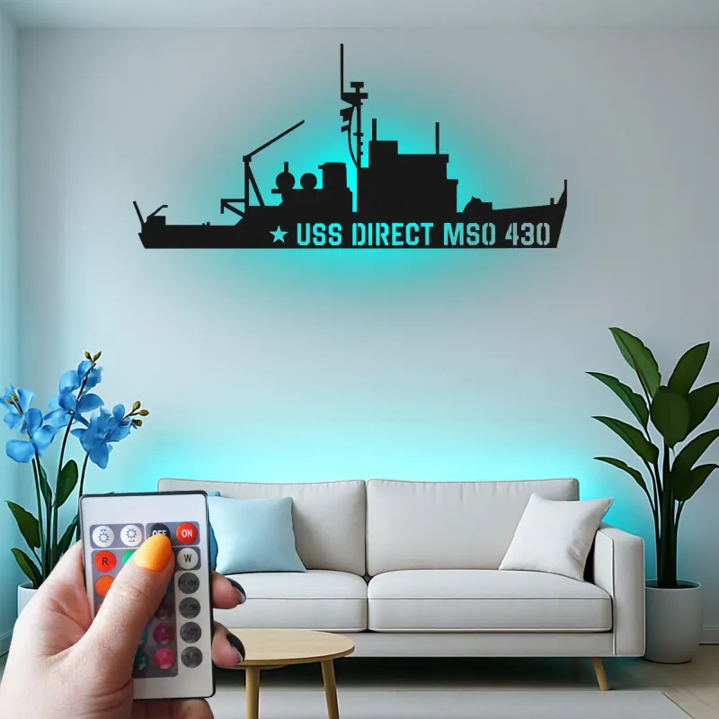 Art mural en métal LED USS Direct MSO 430 | Panneau silhouette de navire de la marine | Cadeau pour vétéran militaire | Décor nautique