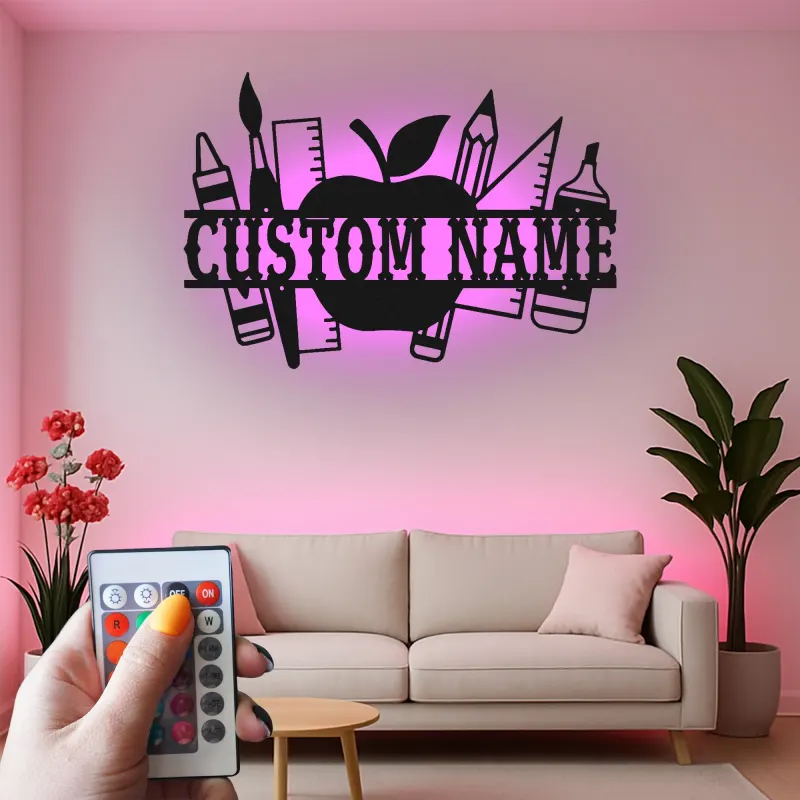 Cartel de nombre de profesor personalizado | Arte mural de metal LED para aula | Decoración personalizada de útiles escolares | Regalo de fin de año para educadores
