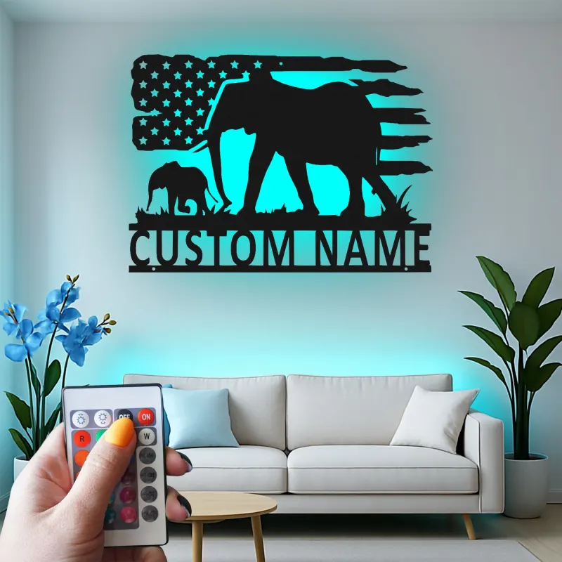 Décoration murale en métal personnalisée Elephant Family avec rétroéclairage, cadeau personnalisé pour les amoureux de la faune