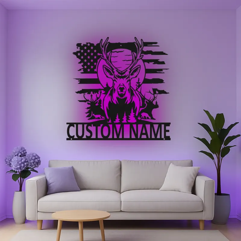 Insegna in metallo LED personalizzata con cervo e bandiera americana - Regalo personalizzato per cacciatori, decorazione rustica per cabin