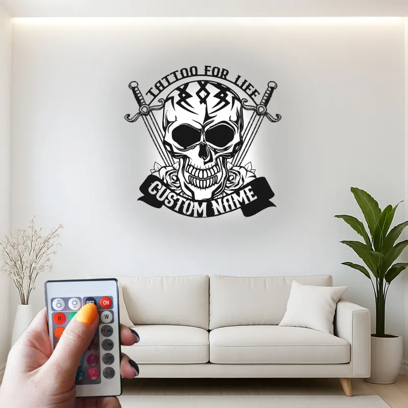 Personalized Skull & Swords LED Sign | Custom Tattoo Metal Wall Art | Gothic Home & Studio Decor | Unique Backlit Name Plaque
