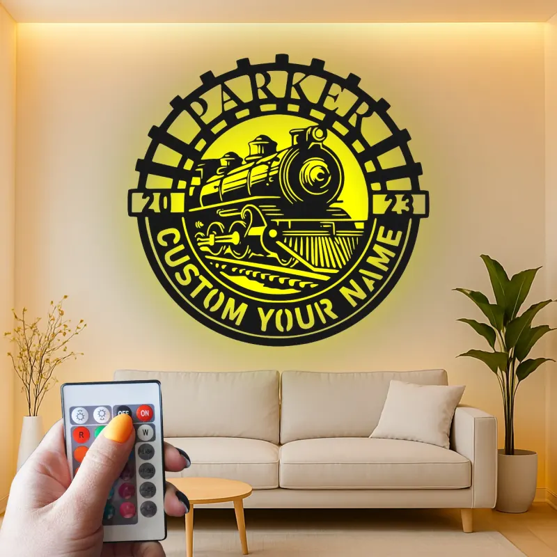 Personalisierte LED-Beleuchtung Metall-Wandkunst mit Zuglok – Geschenk für Zugliebhaber, Dekoration für das Kinderzimmer