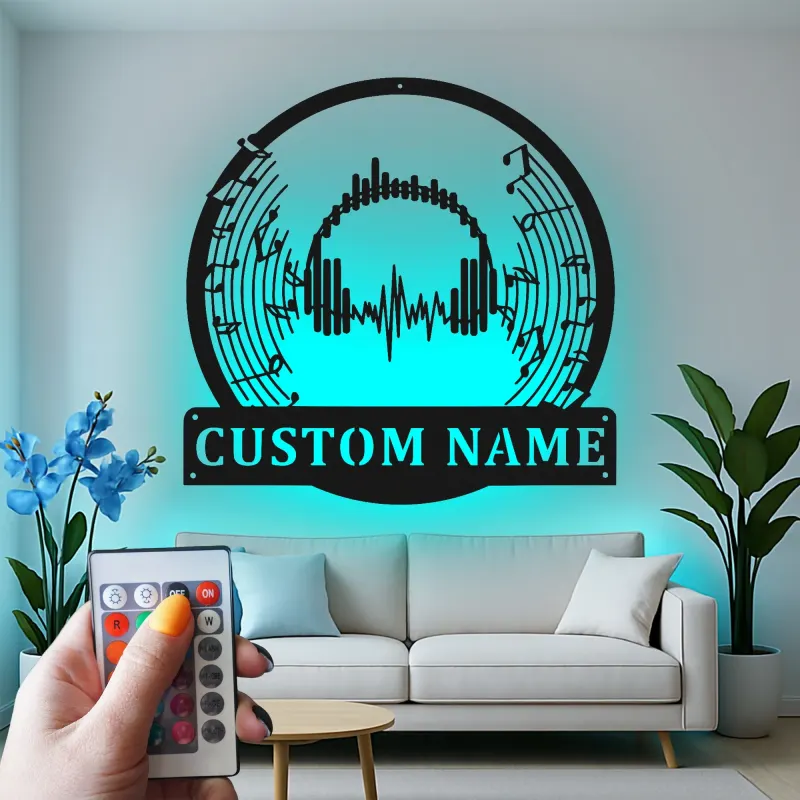 Decorazione murale LED cuffie personalizzata | Insegna in metallo su misura per studio | Targa DJ e regalo per amanti della musica | Decorazione audio soundwave