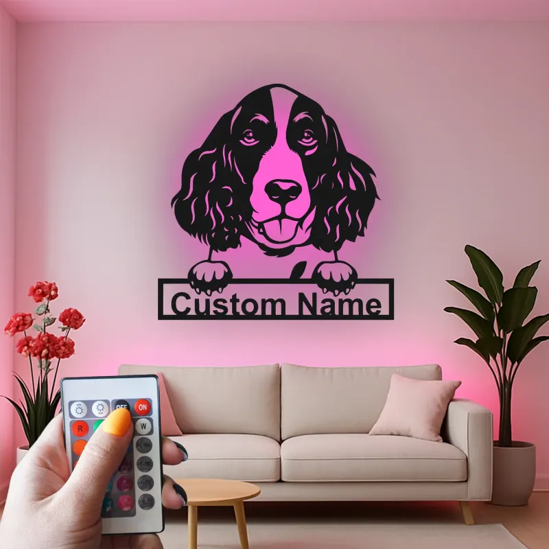 Cartel de metal LED de Springer Spaniel personalizado, regalo para amantes de perros, decoración de sala de estar