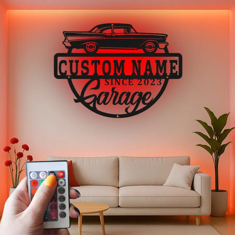 Décoration murale en métal personnalisée de voiture classique avec rétroéclairage LED - Cadeau de garage pour passionnés de voitures