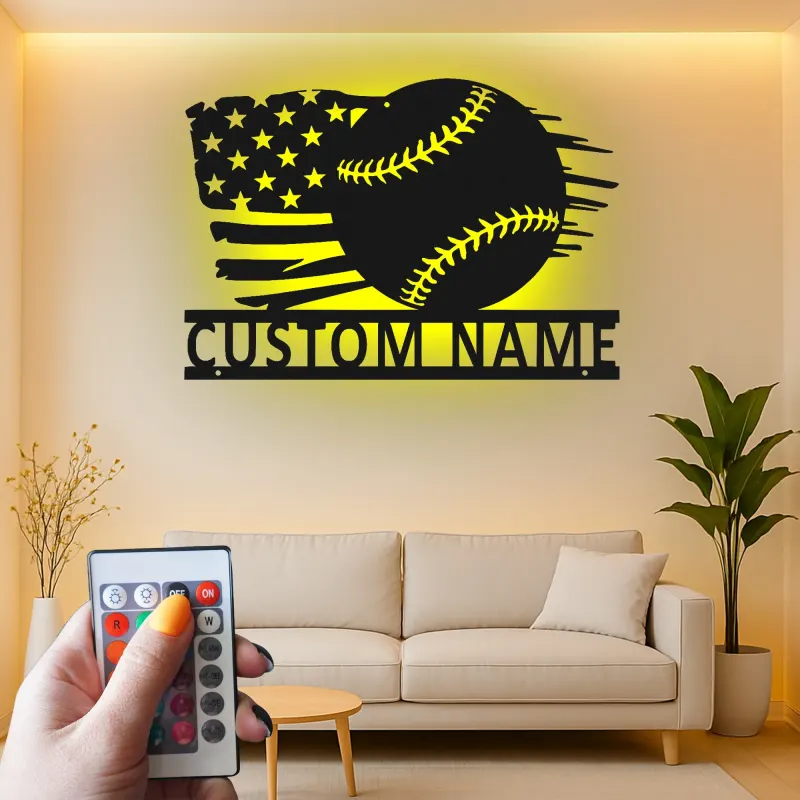 Insegna in metallo personalizzata con luce LED bandiera americana per baseball, regalo sportivo per fan del baseball, decorazione per sala giochi