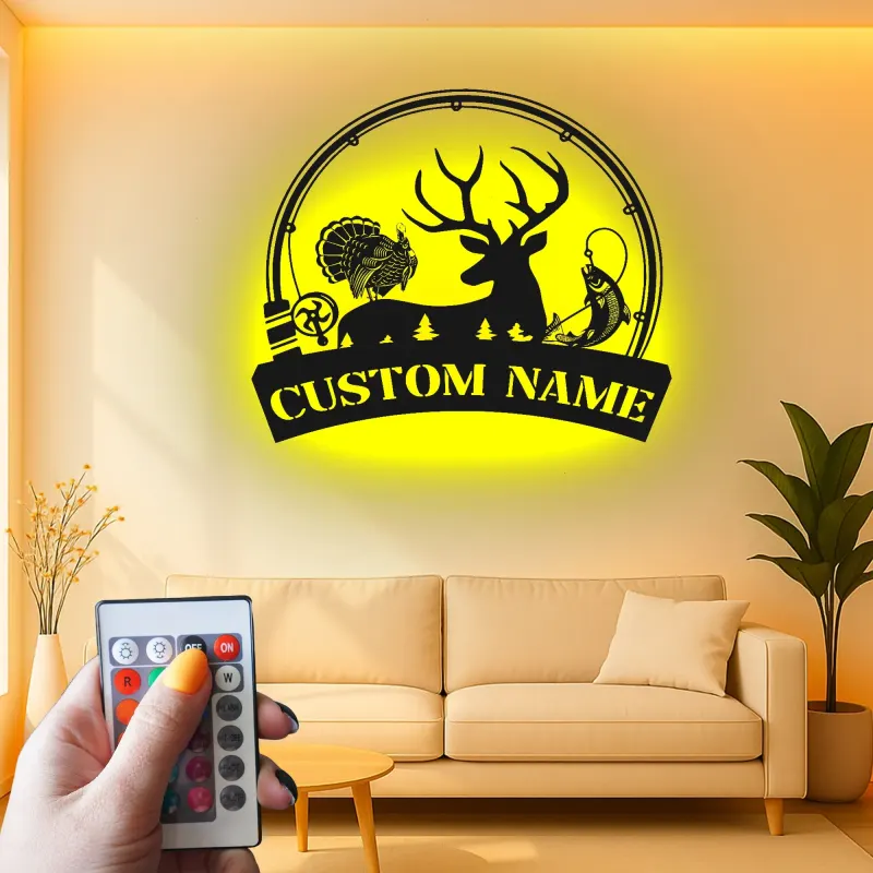 Insegna in metallo LED personalizzata per caccia e pesca, regalo per amanti dell'outdoor, decorazione per baita o man cave