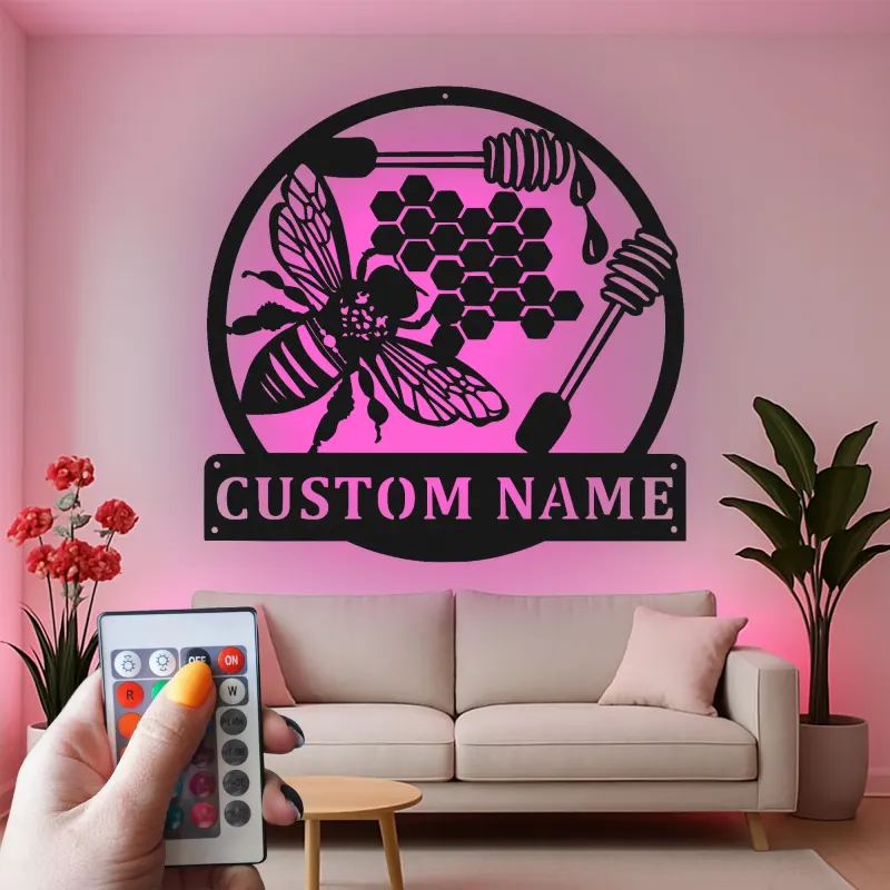 Décoration murale en métal personnalisée Abeille et Rayons de miel avec rétroéclairage