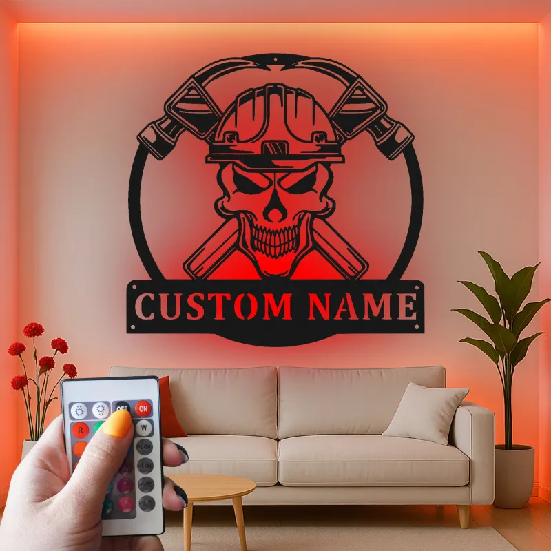 Cartel de metal LED de calavera de bombero | Decoración mural personalizada de bombero | Decoración personalizada para estación de bomberos y cueva de hombres