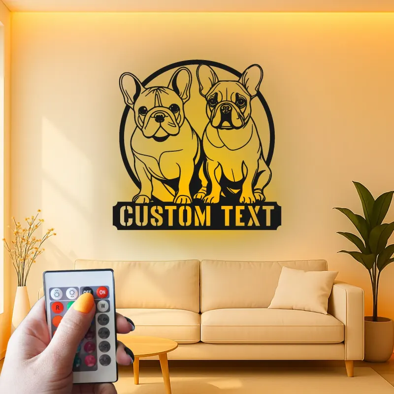 Cartel LED de bulldog francés | Decoración mural de metal personalizada | Regalo para amantes de los perros | Placa con nombre para la pared