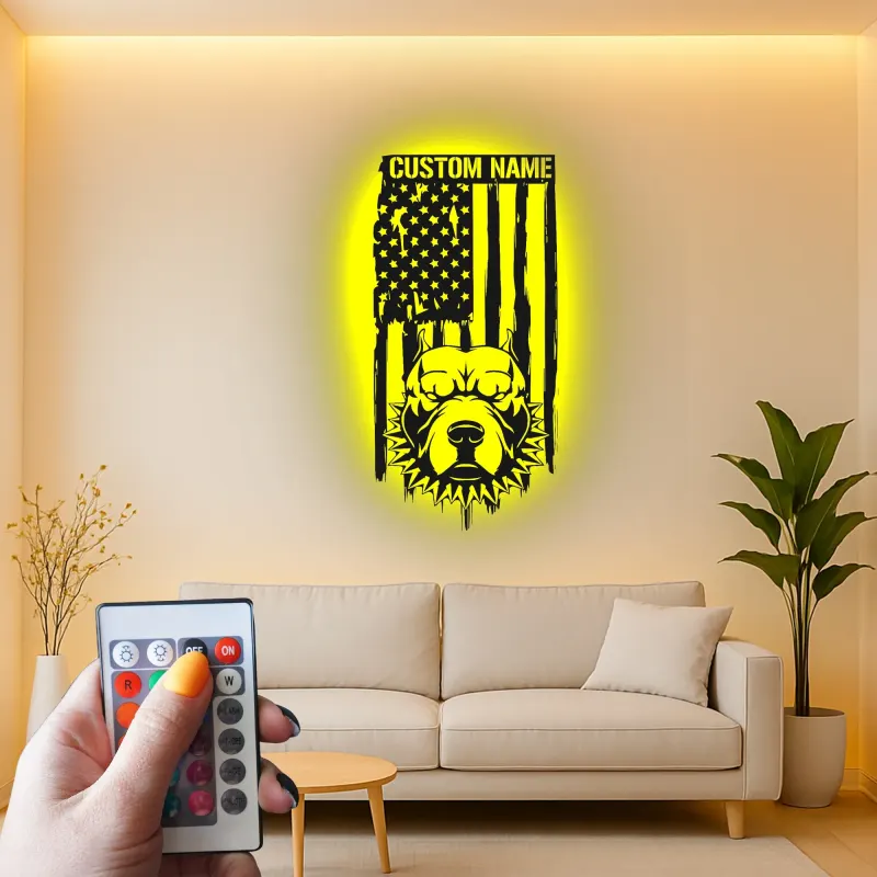 Custom Pitbull American Flag Led Light Metal Wall Art Personalized Dog Lover Gift Patriotic Home Decor