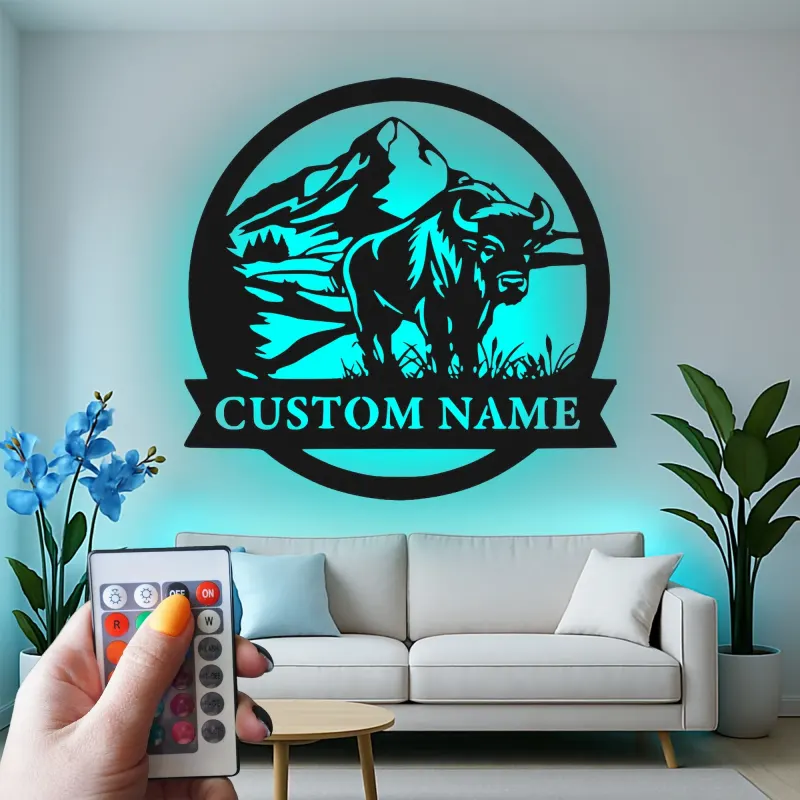 Custom Bison Mountain Led Light Metal Wall Art Personalized Wildlife Gift Rustic Living Room Decor