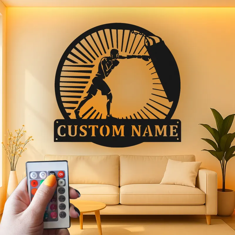 Custom Boxer Led Light Metal Wall Art Personalized Gift for Boxing Enthusiasts Gym or Man Cave Decor
