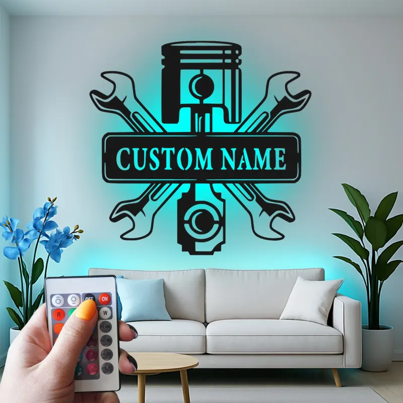 Personalized Mechanic Garage Sign | LED Metal Wall Art with Piston & Wrenches | Custom Automotive Decor for Car Enthusiasts
