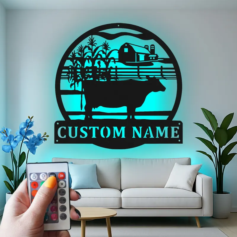 Cartel de metal LED personalizado con escena de granja y vaca, regalo rústico para agricultores, decoración de granero