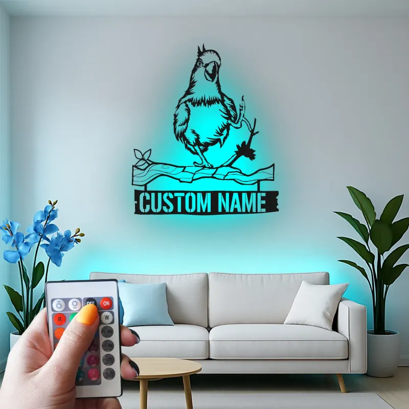 Décoration murale en métal personnalisée Cockatoo avec rétroéclairage LED - Cadeau pour les amoureux des oiseaux, décoration de salon ou de chambre d'enfant