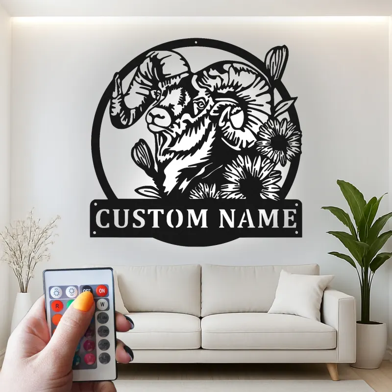Insegna in metallo personalizzata Pecora Bighorn | Arte murale fauna selvatica con luce LED | Decorazione per chalet rustico e insegna personalizzata per lodge