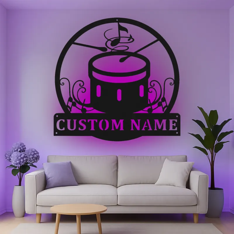 Insegna in metallo LED a forma di tamburo personalizzata Regalo per musicisti Decorazione per sala musica per batteristi