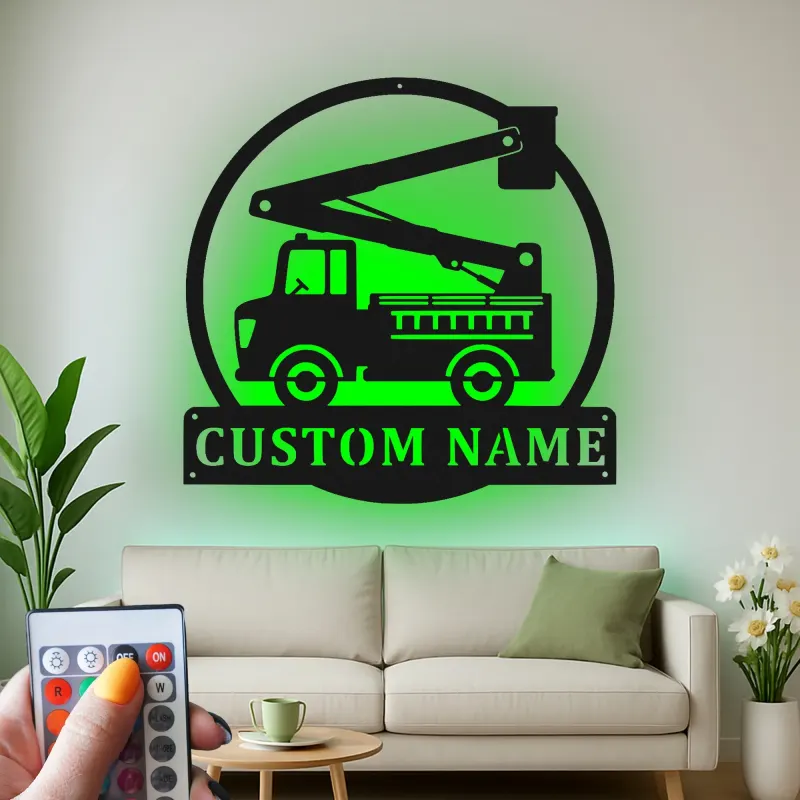 Panneau camion de pompiers personnalisé | Décoration murale LED personnalisée pour pompier | Décor de caserne et chambre d’enfant