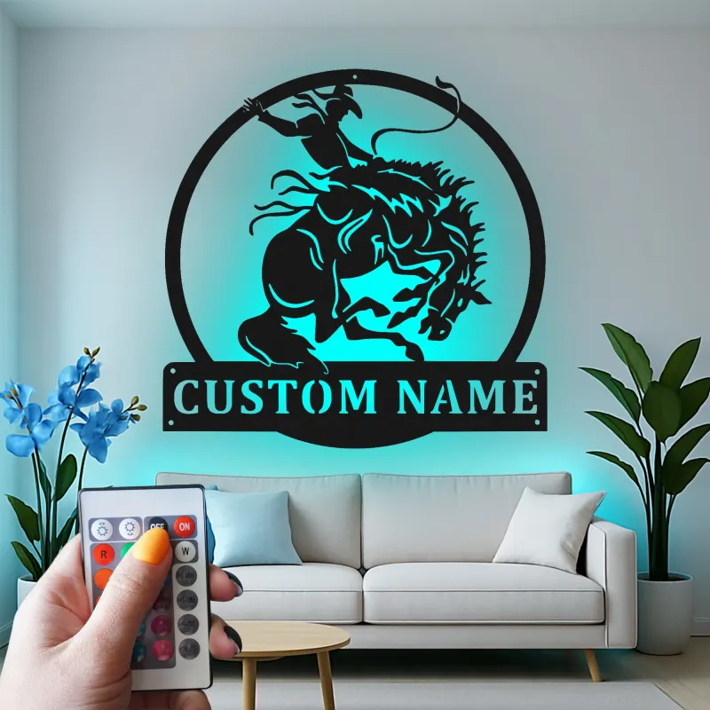 Custom Rodeo Cowboy Led Light Metal Wall Art Western Gift for Him Man Cave Rustic Decor