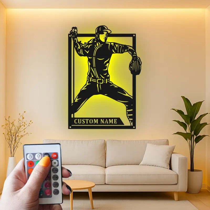 Insegna in metallo LED personalizzata con lanciatore di baseball - Regalo per appassionati di sport e decorazione per sala giochi