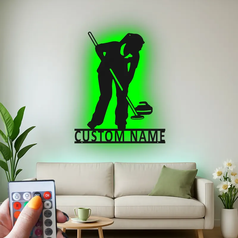 Insegna in metallo con giocatore di curling e luce LED - Regalo sportivo per appassionati di curling - Decorazione per sala giochi