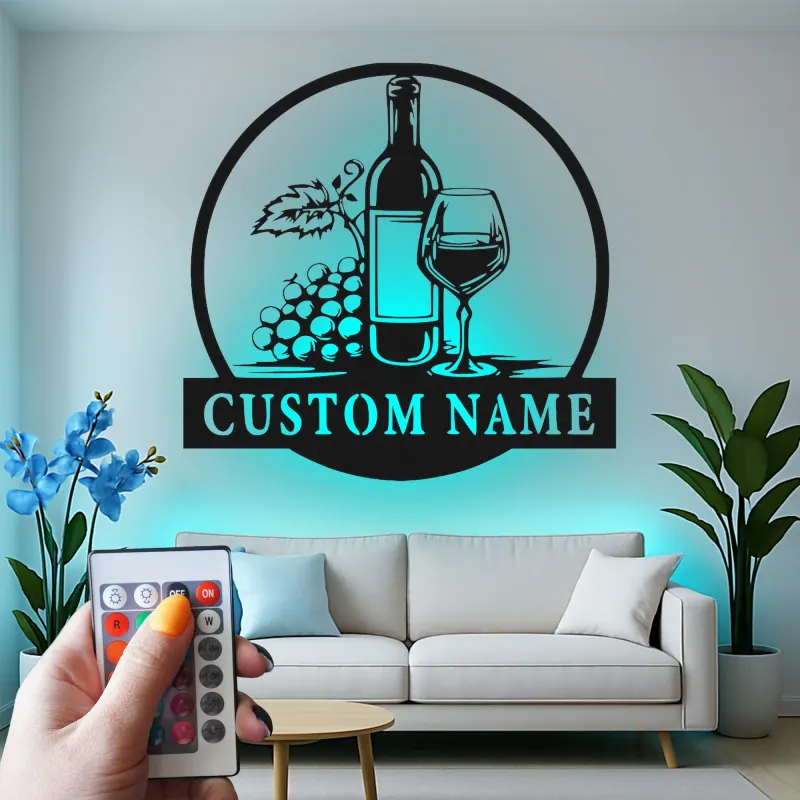 Insegna in metallo personalizzata per bottiglia di vino e bicchiere con luce LED - Regalo personalizzato per amanti del vino, decorazione per cucina o bar 1