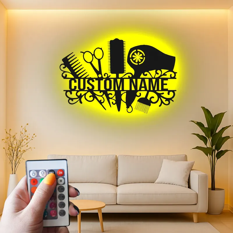 Personalized Salon Sign | Custom Hair Stylist LED Decor | Metal Wall Art for Hairdresser | Light Up Beauty Shop Nameplate