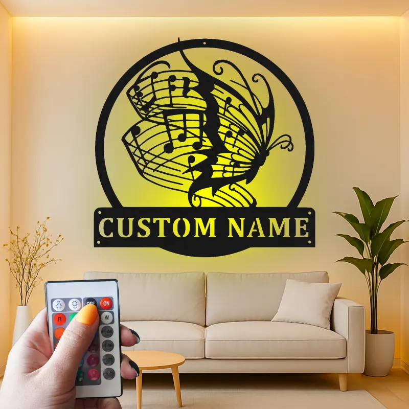 Insegna in metallo personalizzata con note musicali e farfalla luce LED regalo per amanti della musica decorazione per camera da letto o studio