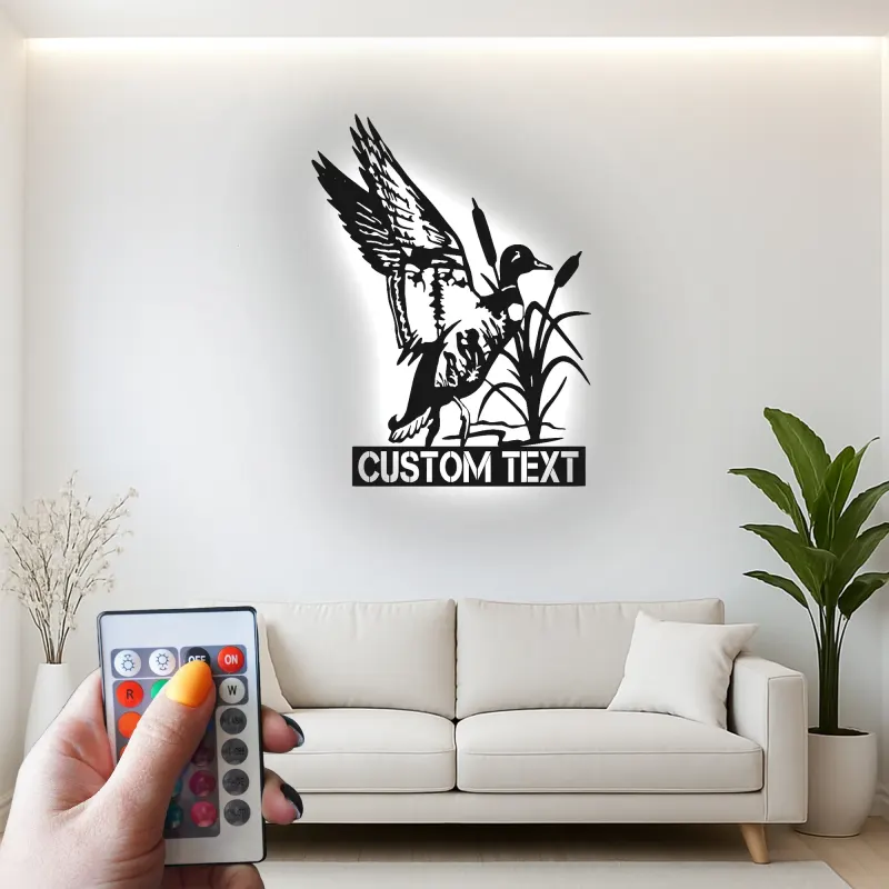 Cartel de metal personalizado con luz LED de caza de patos, regalo personalizado para entusiastas del aire libre, decoración de cabaña rústica