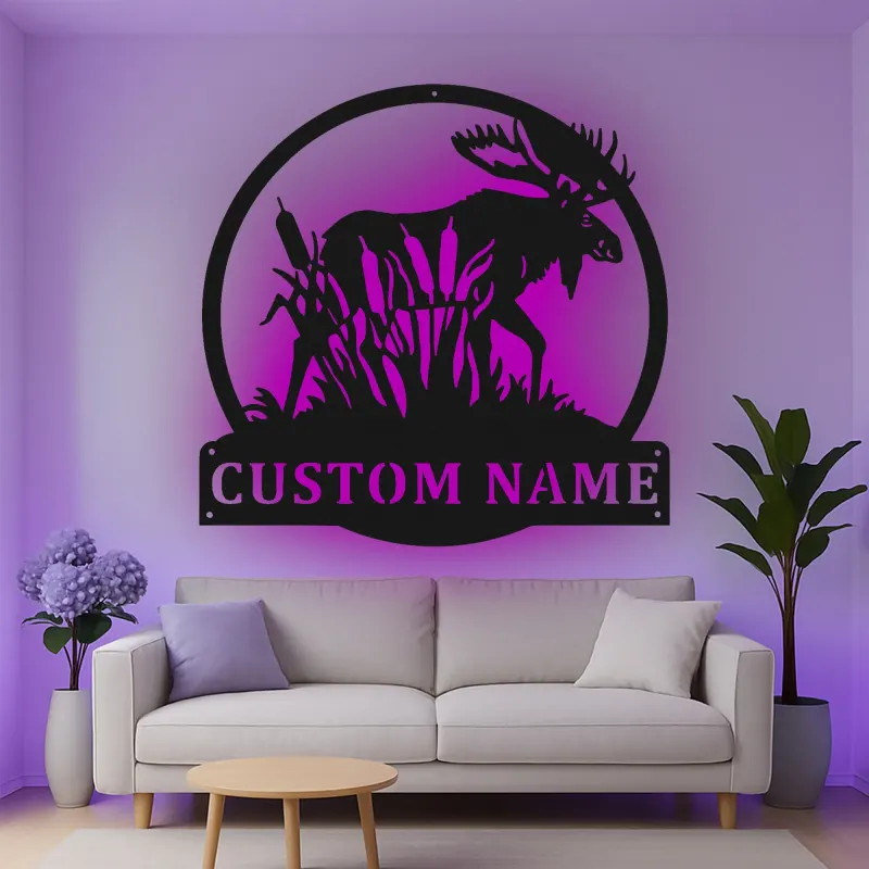 Insegna in metallo LED personalizzata con alce - Regalo per amanti della natura e decorazione per cabine