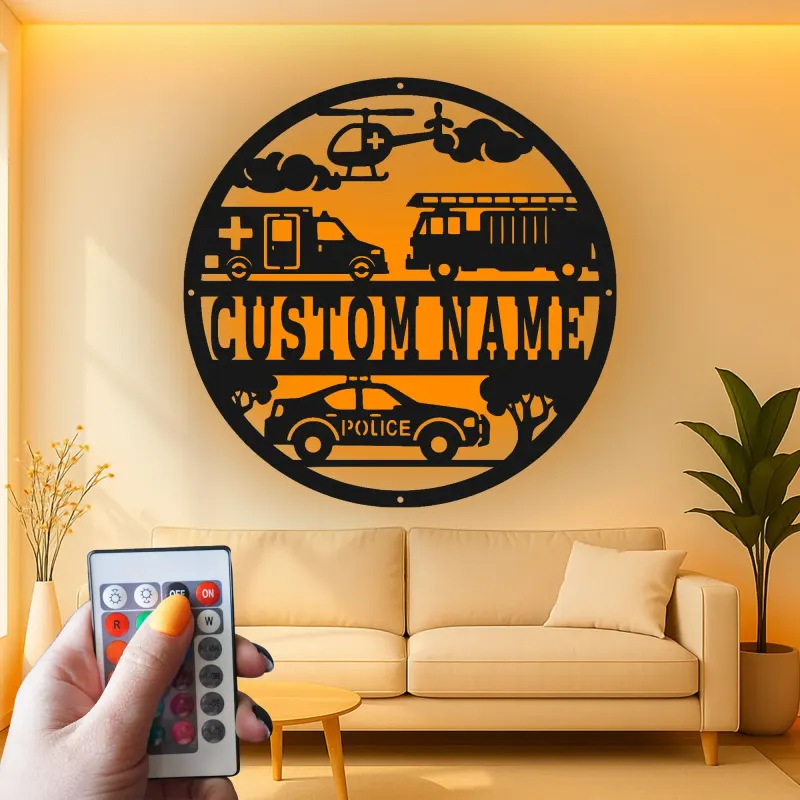 Cartel LED de Primeros Respondedores | Arte Mural de Metal Personalizado | Regalo para Policía, Bombero, EMT Héroe | Decoración para Hogar y Oficina
