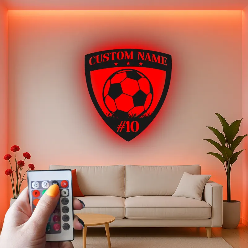 Cartel LED de escudo de fútbol personalizado | Arte mural de metal personalizado para habitación de niños | Regalo de decoración deportiva con nombre y número de jugador