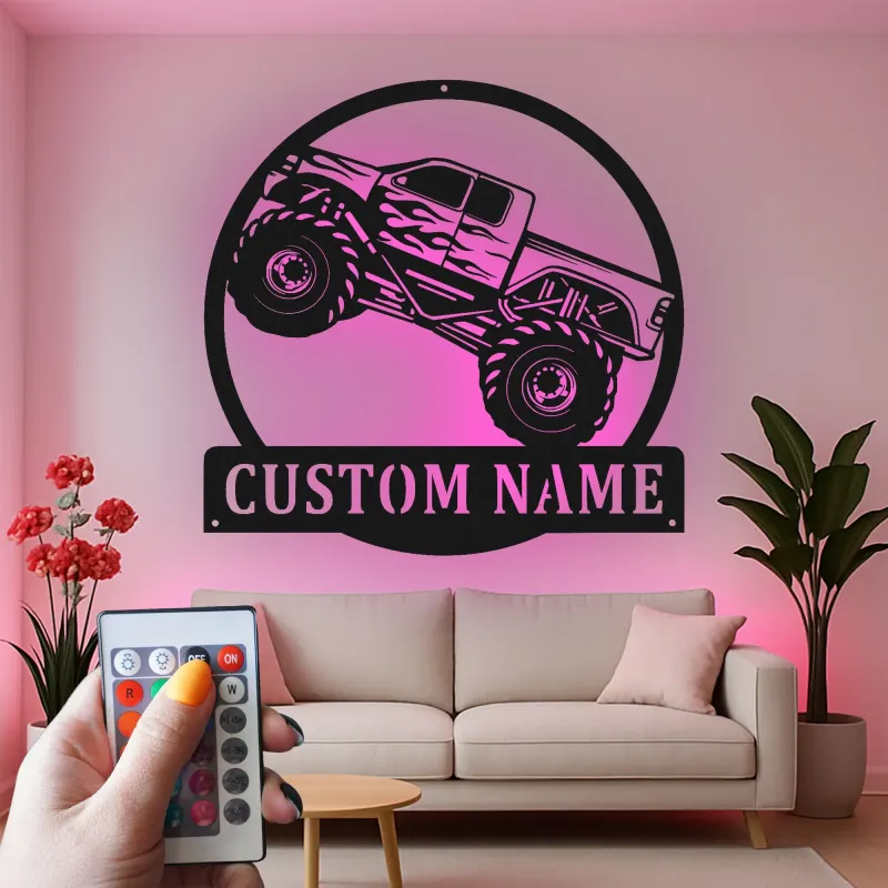 Personalisierte Monstertruck Metall-Schild | LED Licht Wandkunst | Männerzimmer-Dekoration & Geschenk für das Kinderzimmer | Offroad-Fahrzeug-Kunst