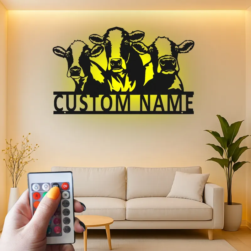 Décoration murale en métal personnalisée avec trio de vaches et rétroéclairage LED - Cadeau de ferme pour une cuisine rustique ou une grange
