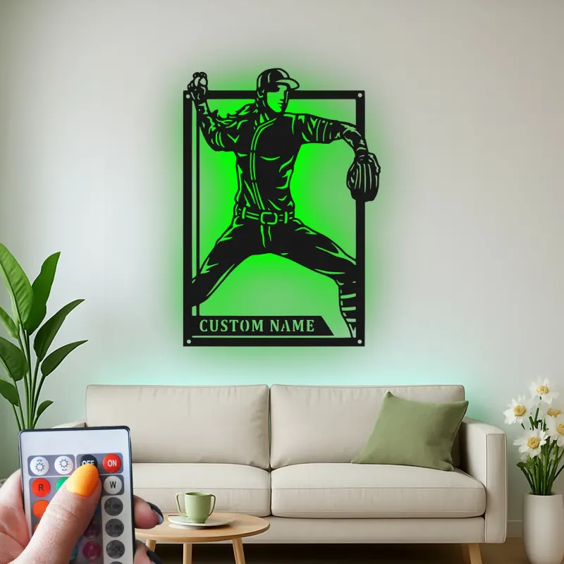Insegna in metallo LED personalizzata con lanciatore di baseball - Regalo per appassionati di sport e decorazione per sala giochi