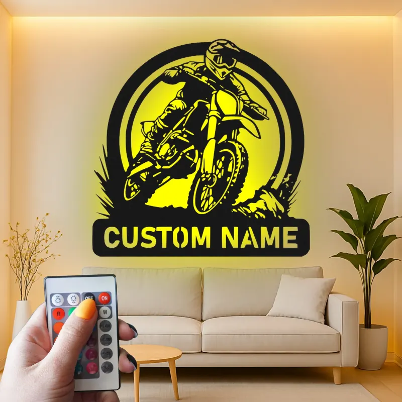 Personalisierte Metall-Wandkunst mit LED-Beleuchtung für Motocross-Fahrer – Geschenk für Dirtbike-Enthusiasten, Garage oder Spielzimmer Dekor