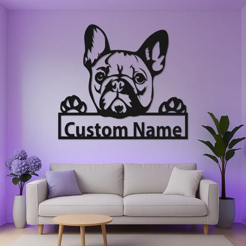 Insegna in metallo personalizzata con Bulldog Francese | Decorazione LED da parete per cani | Regalo per amanti degli animali per casa e ufficio