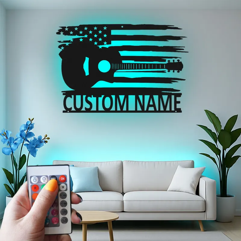 Insegna in metallo Chitarra e bandiera americana | Arte murale LED personalizzata per musicisti | Decorazione patriottica per casa e studio